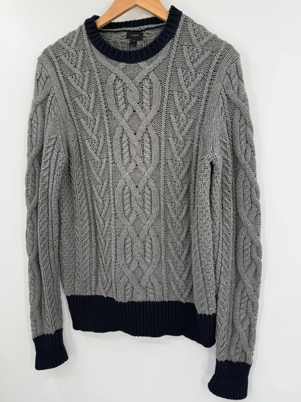 J.Crew Cotton Cable Knit Crew Neck Cotton Sweater | Grey Navy | Medium